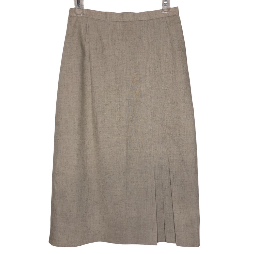 𝅺new - Flax Blend Natural Tan Lined Midi Skirt w/ Front Pleated Slit - Size 10